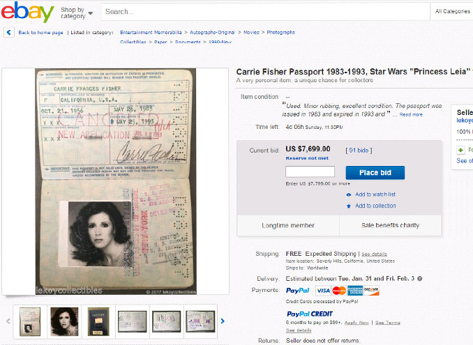 Carrie Fisher's old passport is for sale on eBay.